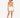 Model wearing an orange bodysuit with a cutout, paired with white shorts and white sneakers.
