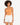A model with curly hair wears an orange bodysuit with a cutout, paired with white high-waisted shorts.