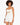 A model with curly hair poses in a light bodysuit and white high-waisted shorts, showcasing a stylish cutout design.