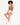 A model with curly hair sits on a white cube, wearing a mauve bodysuit and white shorts, paired with sneakers.