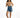 Model in Sunny blue washed denim shorts featuring a double waistband, distressed details, and frayed hem.