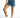 Model wearing Sunny Blue high-waisted distressed denim shorts with unique double waistband and frayed raw hem.