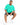 A man sits on a white stool wearing a bright green t-shirt with a motivational quote and black denim shorts.