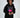 Model wearing black Lips Graphic hoodie, featuring pink lips print and blue paint splatter detail.