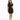 A model poses in a fitted black dress with a unique shoulder cutout, paired with strappy black heels.