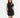 A woman poses in a fitted black dress with a high neckline and a stylish cutout on one shoulder.