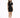 A woman poses in a fitted black dress with a high neckline and a cutout on one shoulder, paired with black heels.