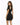 A woman poses in a fitted black dress with short sleeves and a stylish open back detail.