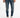 Slim-fit blue jeans with distressed details, paired with white sneakers and a black t-shirt.