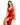 A woman poses in a red satin dress with a deep neckline and a thigh-high slit, sitting on a white stool.