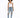 A model poses in a white tank top, distressed light blue jeans, and colorful sneakers against a plain background.