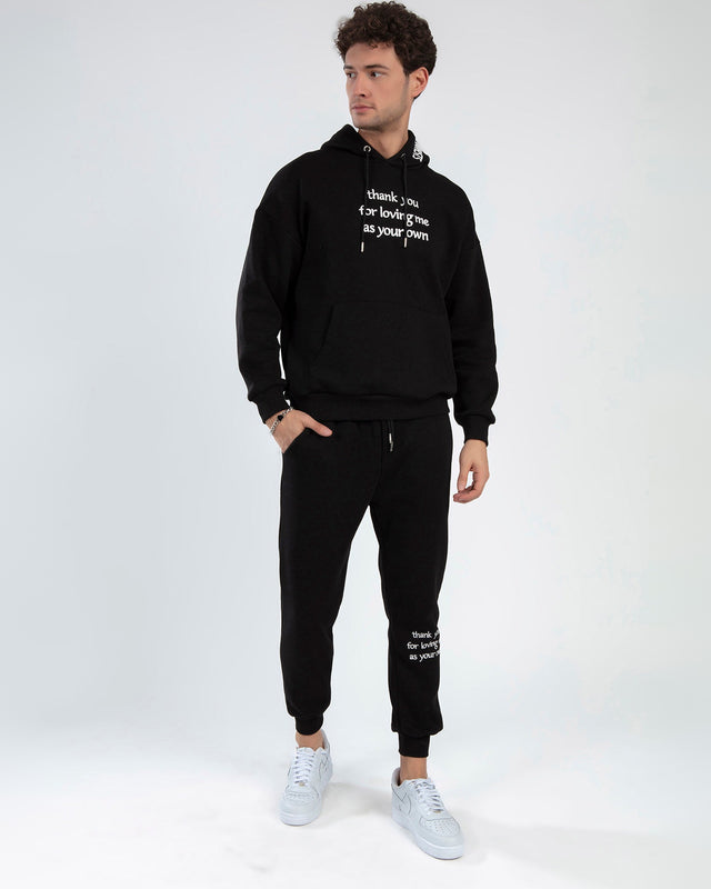 Thank You Hoodie Set in Black – full-length front view