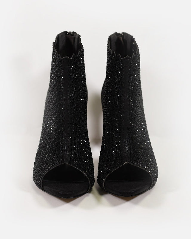 Pair of Carbon black rhinestone stiletto evening heels with sparkly peep-toe mesh cutout design and back zipper.