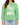 A woman wearing a green sweatshirt with a distressed white graphic design on the front.