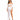 A model poses in a white off-the-shoulder outfit with sheer sleeves and a high-slit skirt.
