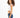 Side view of a woman in the Luna white ribbed cropped tank top with ruched detailing and dark blue denim jeans.