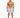 A man stands confidently in blue and white striped swim shorts, paired with casual slide sandals.