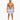 A man stands confidently in blue and white striped swim shorts, paired with casual slide sandals.