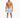 A man stands confidently in blue and white striped swim trunks, paired with slide sandals.