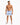 A man stands confidently in blue and white striped swim trunks, paired with slide sandals.