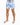 Men's swim shorts featuring a blue and white striped pattern, paired with white slide sandals.