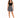 A woman stands confidently in a fitted black top and a flared black and white patterned skirt, paired with strappy he...
