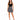 A woman stands confidently in a fitted black top and a flared black and white patterned skirt, paired with strappy he...