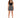 A woman stands confidently in a fitted black crop top paired with a patterned skirt and strappy heels.