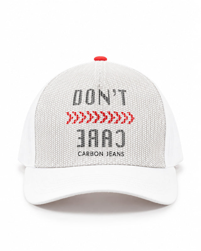 White cap with mesh panels featuring bold text and red accents, ideal for casual wear.