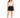 Woman in black drawstring sweat shorts and a white crop top with black sneakers, front view