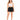 Woman in black drawstring sweat shorts and a white crop top with black sneakers, front view
