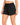 Black drawstring sweat shorts close up, elastic waistband with tie cord and side pocket