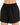 Close up of black sweat shorts showing the elastic waistband, drawstring and curved hem