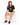 Woman seated on a white cube in cream sweat shorts and a black graphic tee
