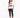 A woman stands wearing a white graphic tee with a zebra print design, paired with black skinny jeans and sneakers.