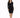 A woman in a fitted black dress with long sleeves and a decorative neckline stands confidently in front of a white ba...