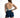 A woman with long hair wears a low-back tank top and high-waisted denim shorts, posing from behind.