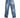 Loose-fitting blue denim pants featuring a patchwork design and paired with white sneakers.