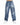 Loose-fitting blue denim pants featuring a patchwork design and paired with white sneakers.