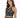A model poses in a shimmering black sequined crop top with a unique halter neck design and keyhole cutout.