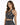 A model poses in a shimmering black sequined crop top with a unique halter neck design and keyhole cutout.