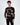 A model wearing a black long-sleeve shirt featuring colorful graphic designs and playful text elements.