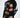 A man is wearing a black long-sleeve shirt with colorful graphic designs and playful text.