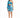 A model poses in a one-shoulder, blue abstract patterned dress with a cutout and ruched detailing.