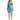 A model poses in a one-shoulder, blue abstract patterned dress with a cutout and ruched detailing.