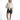 Model in high-waisted Maxine grey washed denim shorts with a white tie-front shirt and sneakers.