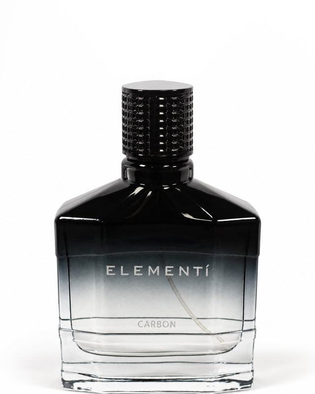 A sleek black and clear glass bottle with a textured cap, featuring a gradient design and minimalist label.