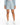 Light blue tailored shorts with pleats, paired with a white top and white sneakers, showcasing a casual style.