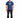 A man stands wearing a blue graphic t-shirt featuring a playful design and casual black jeans.