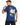 A man wearing a blue t-shirt with a graphic design featuring a racing helmet, cherries, and dice.